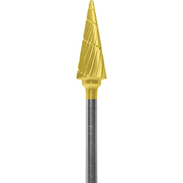 Made in USA - 1/4" Cut Diam, 0.0925" Shank Diam, Cone Head Chipbreaker Cut Burr - Carbide, 5/8" LOC, 2" OAL - Americas Industrial Supply