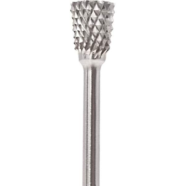 Made in USA - 1/4" Cut Diam, 0.0925" Shank Diam, Inverted Cone Head Diamond Cut Burr - Carbide, 1/4" LOC, 1-3/4" OAL - Americas Industrial Supply