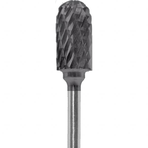 Made in USA - 1/4" Cut Diam, 0.0925" Shank Diam, Cylinder with Radius Head Diamond Cut Burr - Carbide, 1/2" LOC, 2" OAL - Americas Industrial Supply