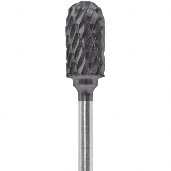 Made in USA - 1/4" Cut Diam, 0.0925" Shank Diam, Cylinder with Radius Head Double Cut Burr - Carbide, 1/2" LOC, 2" OAL - Americas Industrial Supply