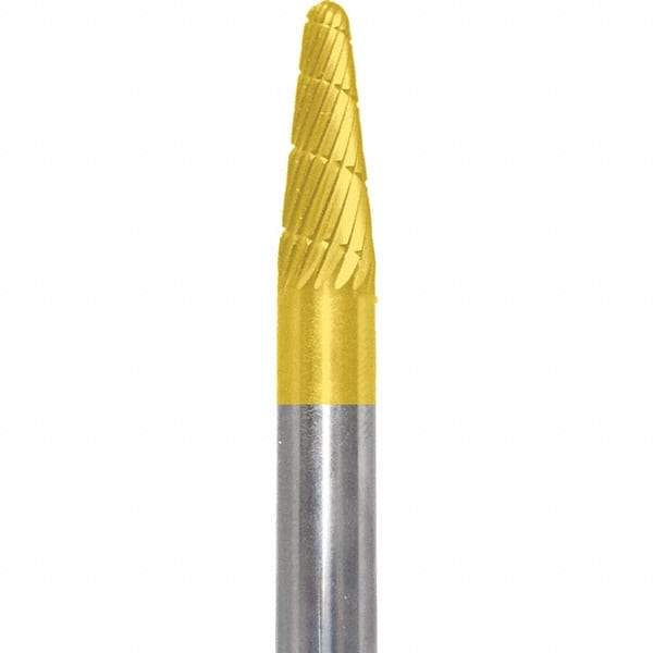 Made in USA - 1/4" Cut Diam, 1/4" Shank Diam, Cone Head Double Cut Burr - Carbide, 5/8" LOC, 2" OAL - Americas Industrial Supply