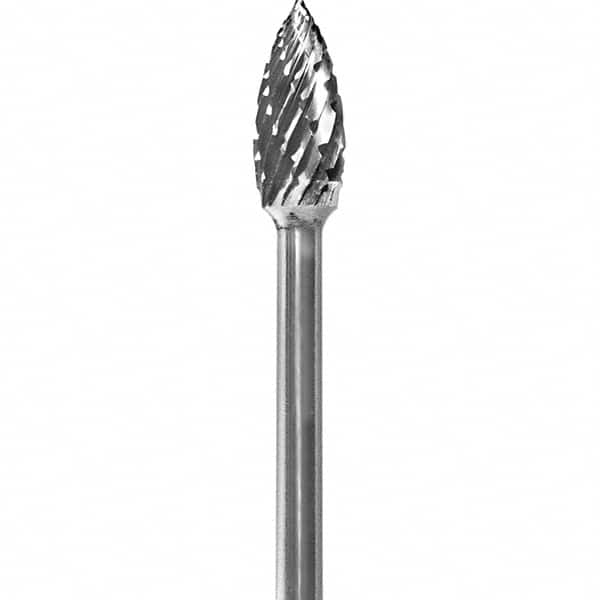 Made in USA - 3/16" Cut Diam, 0.0925" Shank Diam, Flame Head Double Cut Burr - Carbide, 3/8" LOC, 1-7/8" OAL - Americas Industrial Supply