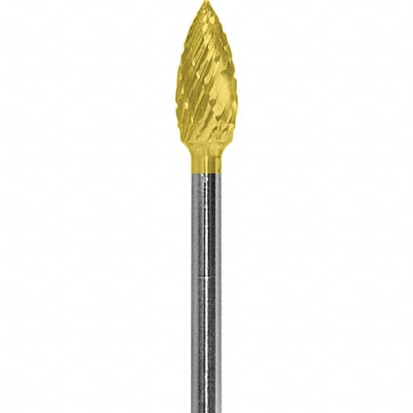 Made in USA - 3/16" Cut Diam, 0.0925" Shank Diam, Flame Head Diamond Cut Burr - Carbide, 3/8" LOC, 1-7/8" OAL - Americas Industrial Supply