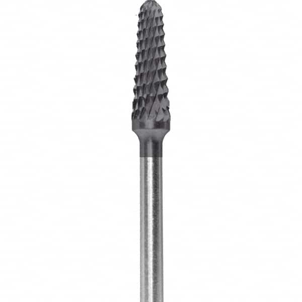 Made in USA - 5/32" Cut Diam, 0.0925" Shank Diam, Cone Head Diamond Cut Burr - Carbide, 1/2" LOC, 2" OAL - Americas Industrial Supply