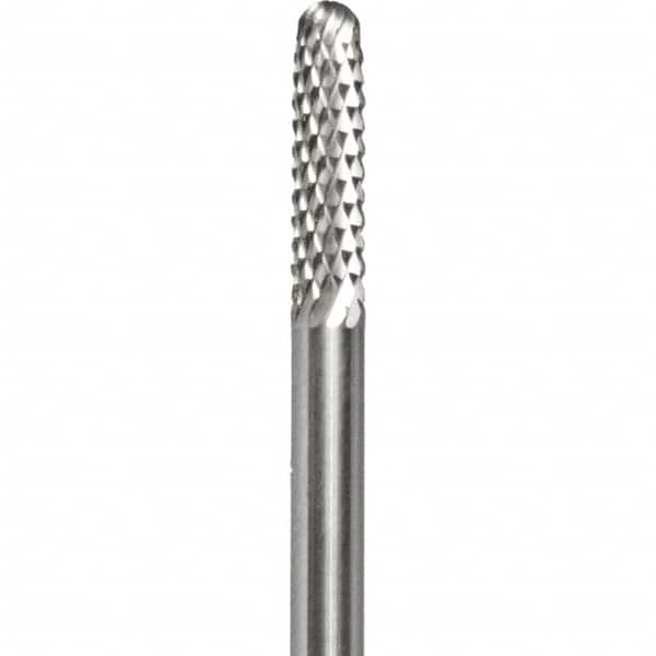 Made in USA - 3/32" Cut Diam, 0.0925" Shank Diam, Cylinder with Radius Head Diamond Cut Burr - Carbide, 1/2" LOC, 1-1/2" OAL - Americas Industrial Supply