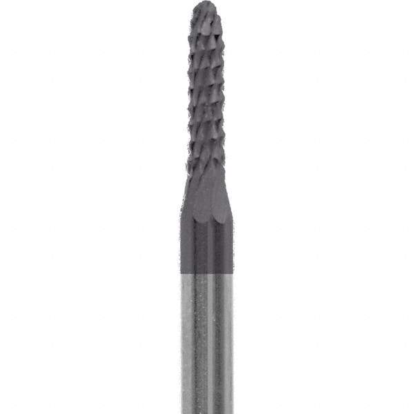 Made in USA - 3/32" Cut Diam, 0.0925" Shank Diam, Cone Head Diamond Cut Burr - Carbide, 3/8" LOC, 1-1/2" OAL - Americas Industrial Supply