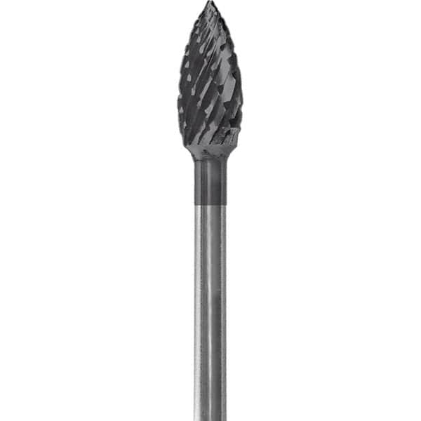 Made in USA - 3/16" Cut Diam, 0.0925" Shank Diam, Flame Head Double Cut Burr - Carbide, 3/8" LOC, 1-7/8" OAL - Americas Industrial Supply