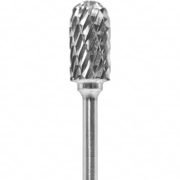 Made in USA - 1/4" Cut Diam, 0.0925" Shank Diam, Cylinder with Radius Head Double Cut Burr - Carbide, 1/2" LOC, 2" OAL - Americas Industrial Supply