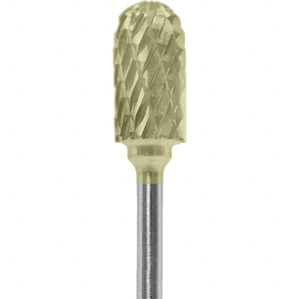 Made in USA - 1/4" Cut Diam, 0.0925" Shank Diam, Cylinder with Radius Head Diamond Cut Burr - Carbide, 1/2" LOC, 2" OAL - Americas Industrial Supply