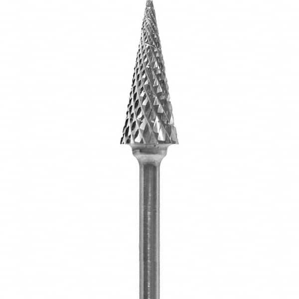 Made in USA - 1/4" Cut Diam, 0.0925" Shank Diam, Cone Head Diamond Cut Burr - Carbide, 5/8" LOC, 2" OAL - Americas Industrial Supply