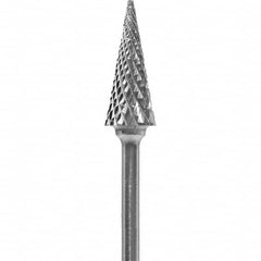 Made in USA - 1/4" Cut Diam, 0.0925" Shank Diam, Cone Head Diamond Cut Burr - Carbide, 5/8" LOC, 2" OAL - Americas Industrial Supply