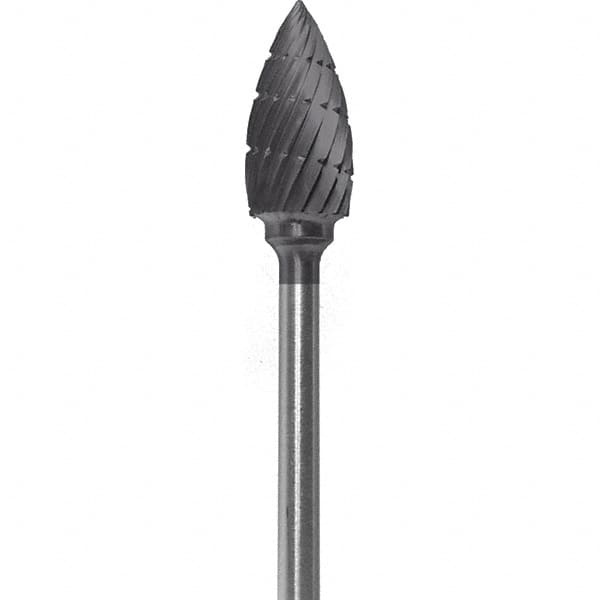 Made in USA - 1/4" Cut Diam, 0.0925" Shank Diam, Flame Head Chipbreaker Cut Burr - Carbide, 1/2" LOC, 2" OAL - Americas Industrial Supply