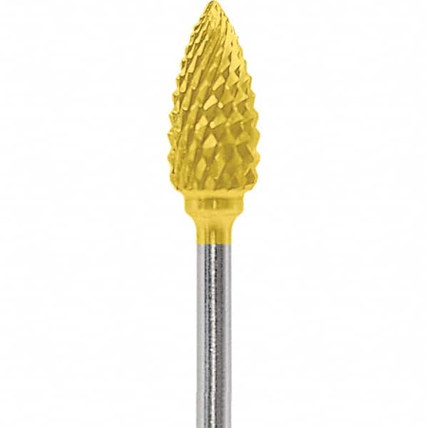 Made in USA - 1/4" Cut Diam, 0.0925" Shank Diam, Flame Head Diamond Cut Burr - Carbide, 1/2" LOC, 2" OAL - Americas Industrial Supply