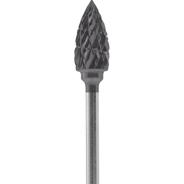 Made in USA - 1/4" Cut Diam, 0.0925" Shank Diam, Flame Head Double Cut Burr - Carbide, 1/2" LOC, 2" OAL - Americas Industrial Supply