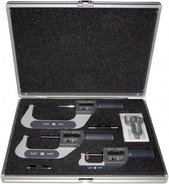 Fowler - 0 to 4" Range, 0.001mm Resolution, IP67, 3 Piece Electronic Outside Micrometer Sets - 0.005mm Accuracy, Ratchet Thimble, Carbide Measuring Face - Americas Industrial Supply