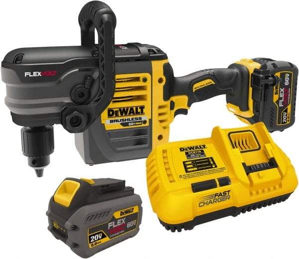 DeWALT - 60 Volt 1/2" Chuck Right Angle Handle Cordless Drill - 0-300 & 0-1200 RPM, Keyed Chuck, 2 Lithium-Ion Batteries Included - Americas Industrial Supply