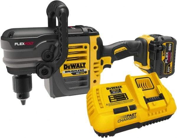 DeWALT - 60 Volt 1/2" Chuck Right Angle Handle Cordless Drill - 0-300 & 0-1200 RPM, Keyed Chuck, 1 Lithium-Ion Battery Included - Americas Industrial Supply