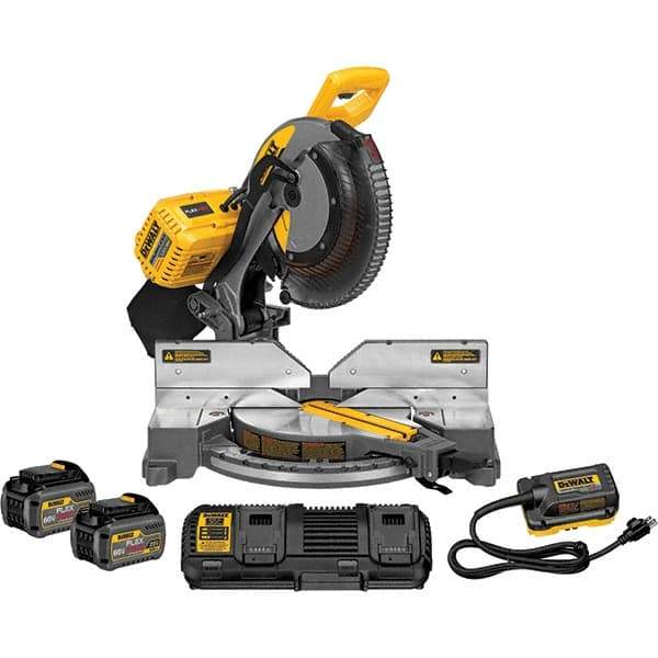 DeWALT - 15 Amp, 120 Volt, 3,800 RPM, 50° Double Bevel Miter Saw - 5/8 or 1" Arbor, 12" Blade Diam, Includes DHS716 Miter Saw, DCA120 120V Adaptor & DCA132 Charger - Americas Industrial Supply