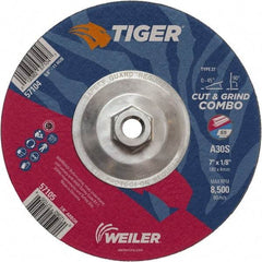 Weiler - 30 Grit, 7" Wheel Diam, 1/8" Wheel Thickness, Type 27 Depressed Center Wheel - Medium Grade, Aluminum Oxide, Resinoid Bond, S Hardness, 8,500 Max RPM - Americas Industrial Supply