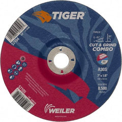 Weiler - 30 Grit, 7" Wheel Diam, 1/8" Wheel Thickness, 7/8" Arbor Hole, Type 27 Depressed Center Wheel - Medium Grade, Aluminum Oxide, Resinoid Bond, S Hardness, 8,500 Max RPM - Americas Industrial Supply