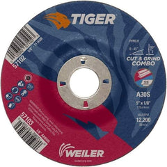 Weiler - 30 Grit, 5" Wheel Diam, 1/8" Wheel Thickness, 7/8" Arbor Hole, Type 27 Depressed Center Wheel - Medium Grade, Aluminum Oxide, Resinoid Bond, S Hardness, 12,200 Max RPM - Americas Industrial Supply
