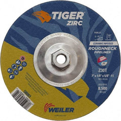 Weiler - 30 Grit, 7" Wheel Diam, 1/8" Wheel Thickness, Type 27 Depressed Center Wheel - Medium Grade, Zirconia Alumina, Resinoid Bond, T Hardness, 8,500 Max RPM - Americas Industrial Supply