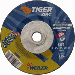 Weiler - 30 Grit, 4-1/2" Wheel Diam, 1/8" Wheel Thickness, Type 27 Depressed Center Wheel - Medium Grade, Zirconia Alumina, Resinoid Bond, T Hardness, 13,300 Max RPM - Americas Industrial Supply