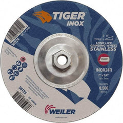 Weiler - 24 Grit, 7" Wheel Diam, 1/4" Wheel Thickness, Type 27 Depressed Center Wheel - Coarse Grade, Aluminum Oxide, Resinoid Bond, R Hardness, 8,500 Max RPM - Americas Industrial Supply