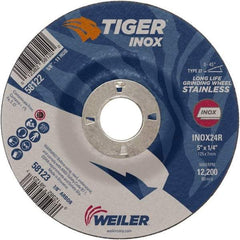Weiler - 24 Grit, 5" Wheel Diam, 1/4" Wheel Thickness, 7/8" Arbor Hole, Type 27 Depressed Center Wheel - Coarse Grade, Aluminum Oxide, Resinoid Bond, R Hardness, 12,200 Max RPM - Americas Industrial Supply