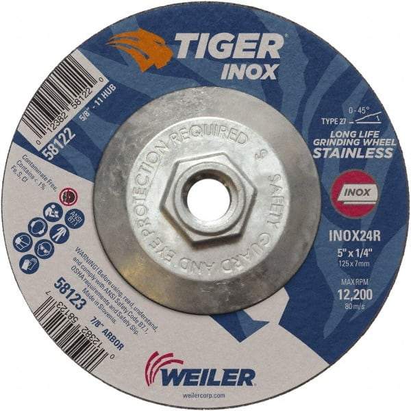 Weiler - 24 Grit, 5" Wheel Diam, 1/4" Wheel Thickness, Type 27 Depressed Center Wheel - Coarse Grade, Aluminum Oxide, Resinoid Bond, R Hardness, 12,200 Max RPM - Americas Industrial Supply