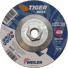 Weiler - 24 Grit, 5" Wheel Diam, 1/4" Wheel Thickness, Type 27 Depressed Center Wheel - Coarse Grade, Aluminum Oxide, Resinoid Bond, R Hardness, 12,200 Max RPM - Americas Industrial Supply