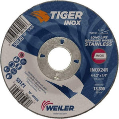 Weiler - 24 Grit, 4-1/2" Wheel Diam, 1/4" Wheel Thickness, 7/8" Arbor Hole, Type 27 Depressed Center Wheel - Coarse Grade, Aluminum Oxide, Resinoid Bond, R Hardness, 13,300 Max RPM - Americas Industrial Supply
