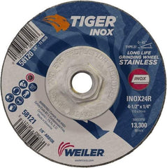 Weiler - 24 Grit, 4-1/2" Wheel Diam, 1/4" Wheel Thickness, Type 27 Depressed Center Wheel - Coarse Grade, Aluminum Oxide, Resinoid Bond, R Hardness, 13,300 Max RPM - Americas Industrial Supply