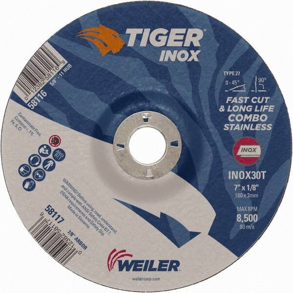 Weiler - 30 Grit, 7" Wheel Diam, 1/8" Wheel Thickness, 7/8" Arbor Hole, Type 27 Depressed Center Wheel - Medium Grade, Aluminum Oxide, Resinoid Bond, T Hardness, 8,500 Max RPM - Americas Industrial Supply
