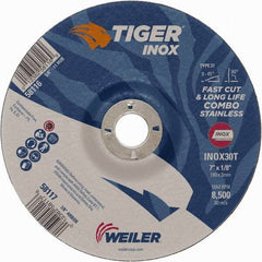 Weiler - 30 Grit, 7" Wheel Diam, 1/8" Wheel Thickness, 7/8" Arbor Hole, Type 27 Depressed Center Wheel - Medium Grade, Aluminum Oxide, Resinoid Bond, T Hardness, 8,500 Max RPM - Americas Industrial Supply