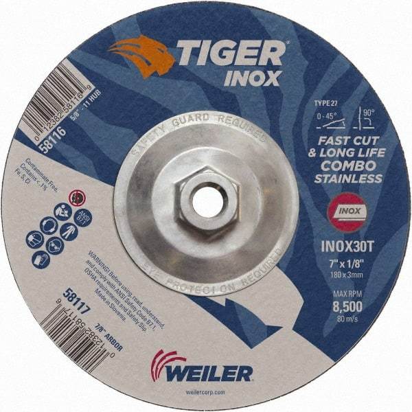 Weiler - 30 Grit, 7" Wheel Diam, 1/8" Wheel Thickness, Type 27 Depressed Center Wheel - Medium Grade, Aluminum Oxide, Resinoid Bond, T Hardness, 8,500 Max RPM - Americas Industrial Supply