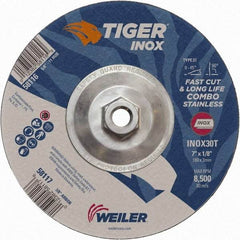 Weiler - 30 Grit, 7" Wheel Diam, 1/8" Wheel Thickness, Type 27 Depressed Center Wheel - Medium Grade, Aluminum Oxide, Resinoid Bond, T Hardness, 8,500 Max RPM - Americas Industrial Supply