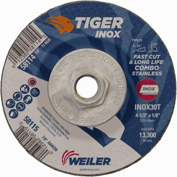 Weiler - 30 Grit, 4-1/2" Wheel Diam, 1/8" Wheel Thickness, Type 27 Depressed Center Wheel - Medium Grade, Aluminum Oxide, Resinoid Bond, T Hardness, 13,300 Max RPM - Americas Industrial Supply