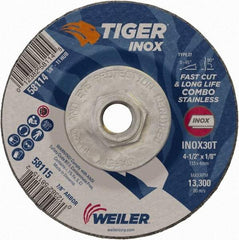Weiler - 30 Grit, 4-1/2" Wheel Diam, 1/8" Wheel Thickness, Type 27 Depressed Center Wheel - Medium Grade, Aluminum Oxide, Resinoid Bond, T Hardness, 13,300 Max RPM - Americas Industrial Supply
