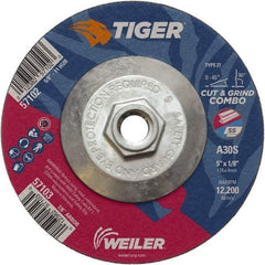 Weiler - 30 Grit, 5" Wheel Diam, 1/8" Wheel Thickness, Type 27 Depressed Center Wheel - Medium Grade, Aluminum Oxide, Resinoid Bond, S Hardness, 12,200 Max RPM - Americas Industrial Supply