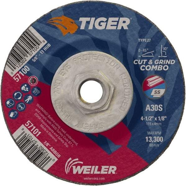 Weiler - 30 Grit, 4-1/2" Wheel Diam, 1/8" Wheel Thickness, Type 27 Depressed Center Wheel - Medium Grade, Aluminum Oxide, Resinoid Bond, S Hardness, 13,300 Max RPM - Americas Industrial Supply
