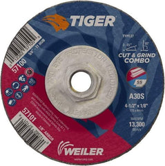 Weiler - 30 Grit, 4-1/2" Wheel Diam, 1/8" Wheel Thickness, Type 27 Depressed Center Wheel - Medium Grade, Aluminum Oxide, Resinoid Bond, S Hardness, 13,300 Max RPM - Americas Industrial Supply