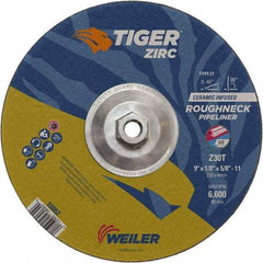 Weiler - 30 Grit, 9" Wheel Diam, 1/8" Wheel Thickness, Type 27 Depressed Center Wheel - Medium Grade, Zirconia Alumina, Resinoid Bond, T Hardness, 6,600 Max RPM - Americas Industrial Supply
