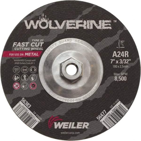 Weiler - 24 Grit, 7" Wheel Diam, 3/32" Wheel Thickness, Type 27 Depressed Center Wheel - Coarse Grade, Aluminum Oxide, Resinoid Bond, R Hardness, 8,500 Max RPM - Americas Industrial Supply