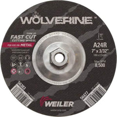 Weiler - 24 Grit, 7" Wheel Diam, 3/32" Wheel Thickness, Type 27 Depressed Center Wheel - Coarse Grade, Aluminum Oxide, Resinoid Bond, R Hardness, 8,500 Max RPM - Americas Industrial Supply