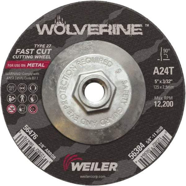 Weiler - 24 Grit, 5" Wheel Diam, 3/32" Wheel Thickness, Type 27 Depressed Center Wheel - Coarse Grade, Aluminum Oxide, Resinoid Bond, T Hardness, 12,200 Max RPM - Americas Industrial Supply