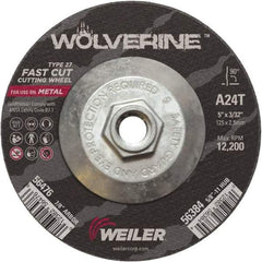 Weiler - 24 Grit, 5" Wheel Diam, 3/32" Wheel Thickness, Type 27 Depressed Center Wheel - Coarse Grade, Aluminum Oxide, Resinoid Bond, T Hardness, 12,200 Max RPM - Americas Industrial Supply