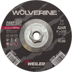 Weiler - 24 Grit, 6" Wheel Diam, 3/32" Wheel Thickness, Type 27 Depressed Center Wheel - Coarse Grade, Aluminum Oxide, Resinoid Bond, R Hardness, 10,200 Max RPM - Americas Industrial Supply