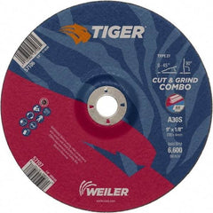 Weiler - 30 Grit, 9" Wheel Diam, 1/8" Wheel Thickness, 7/8" Arbor Hole, Type 27 Depressed Center Wheel - Medium Grade, Aluminum Oxide, Resinoid Bond, S Hardness, 6,600 Max RPM - Americas Industrial Supply