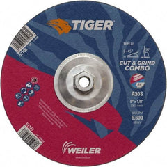 Weiler - 30 Grit, 9" Wheel Diam, 1/8" Wheel Thickness, Type 27 Depressed Center Wheel - Medium Grade, Aluminum Oxide, Resinoid Bond, S Hardness, 6,600 Max RPM - Americas Industrial Supply